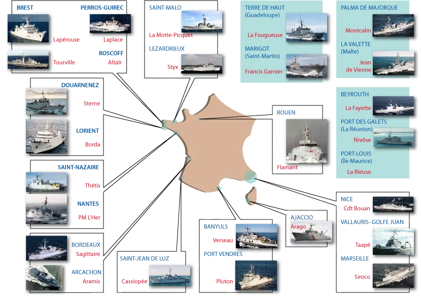 Carte des escales pour le 14 juillet 2008