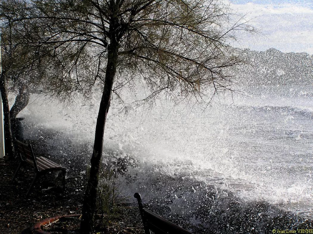 Les vagues se brisent sur le mur de protection