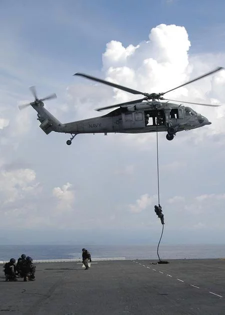 Une équipe de visite Français descend en rappel d'un hélicoptère SH-60 Seahawk sur le pont de l'USS Wasp