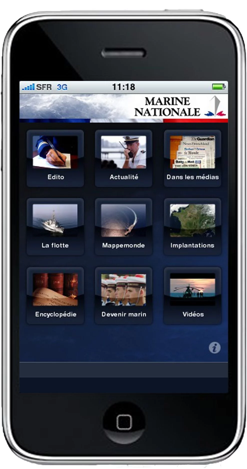 Les menus de l'application iPhone Marine Nationale